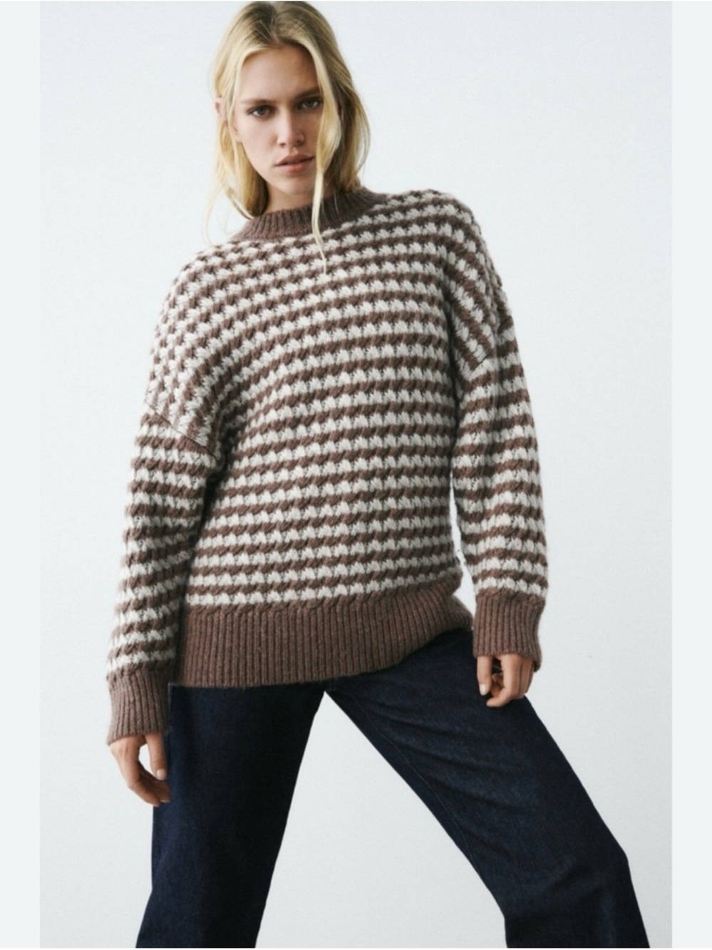 Zara Brown and Cream Striped Crewneck Sweater
